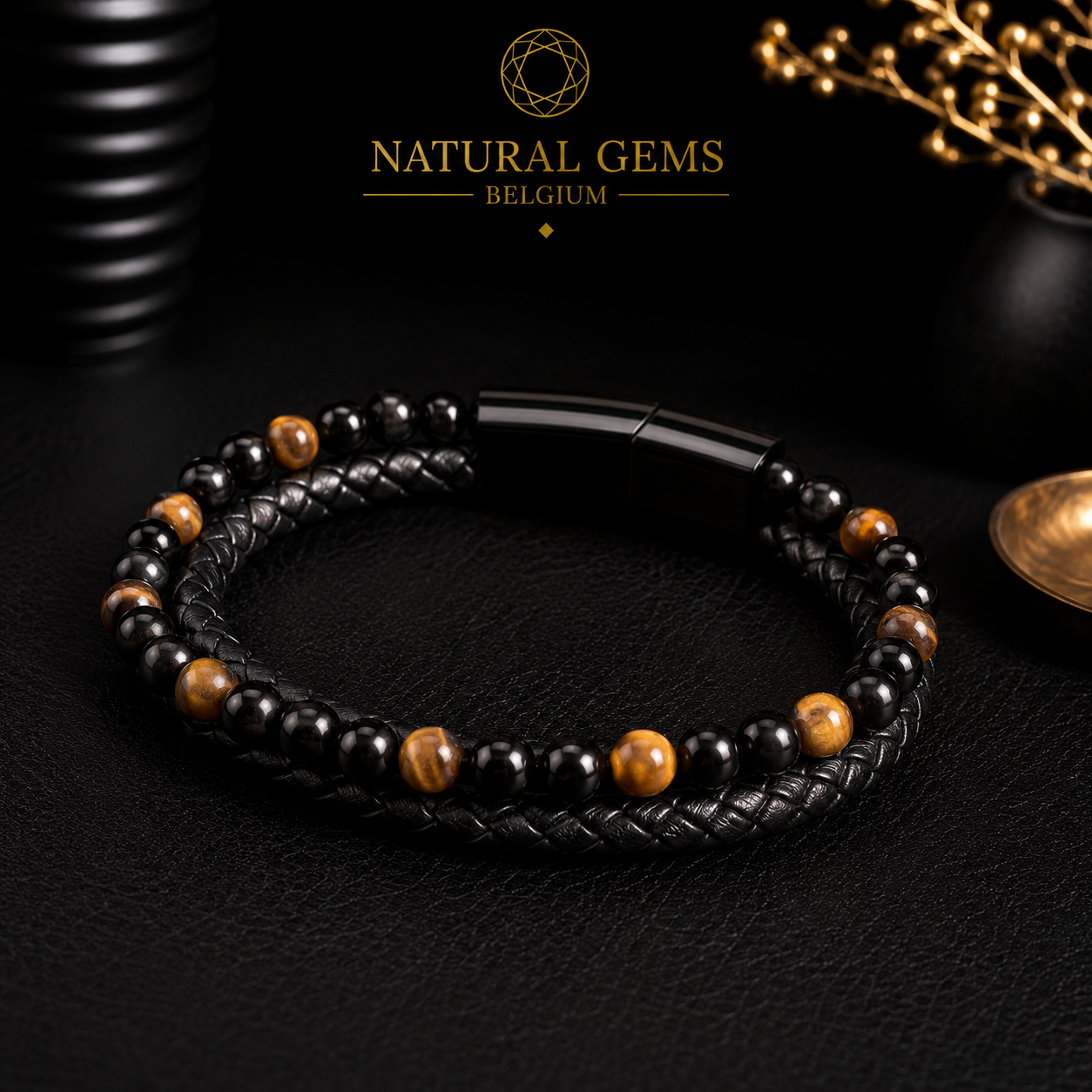 Bracelet double de luxe – Cuir noir, pierres de lave et œil de tigre – Fermoir magnétique – 21 cm