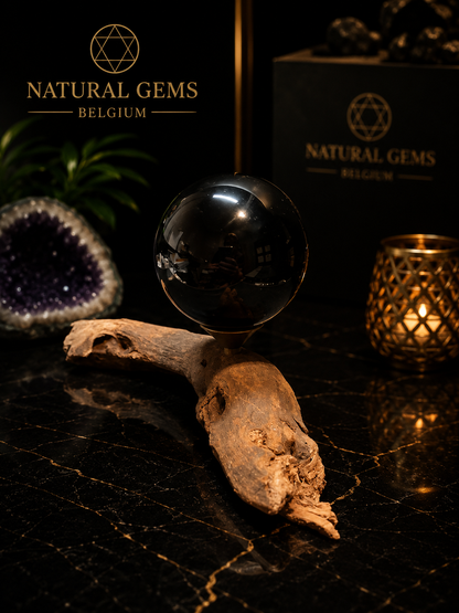 Black Obsidian Sphere (5.5 cm) with Handcrafted Natural Wooden Display Stand (17 cm) – Crystal Display Set
