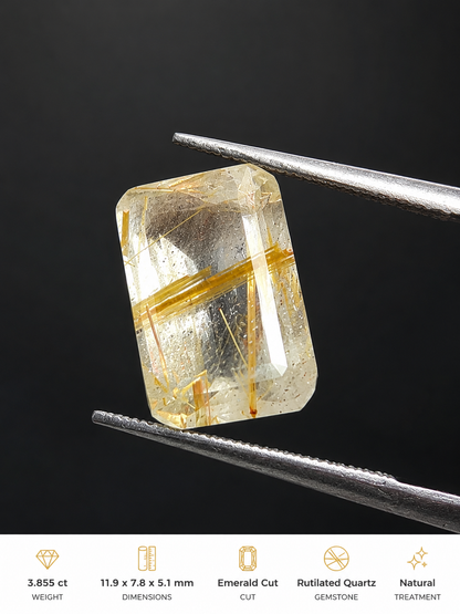 Quartz rutile doré naturel – Pierre gemme octogonale de 3,855 ct – 11,9 × 7,8 mm