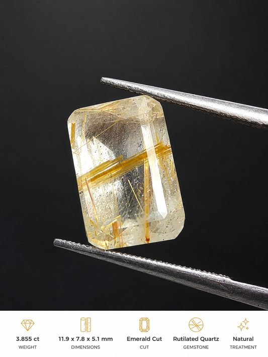 Quartz rutile doré naturel – Pierre gemme octogonale de 3,855 ct – 11,9 × 7,8 mm