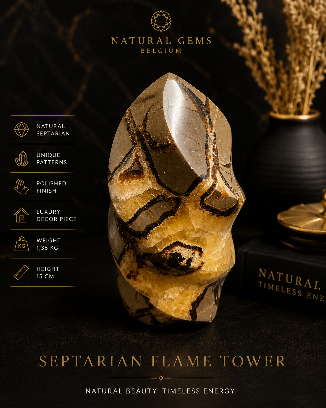 Natural Septarian Flame Tower – Polished Septarian Crystal Decor Piece – 15 cm – 1.36 kg - Natural Gems Belgium