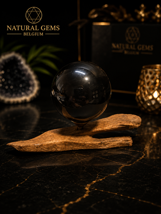 Natural Black Obsidian Sphere (50 mm) with Handcrafted Wooden Display Stand – Crystal Display Set