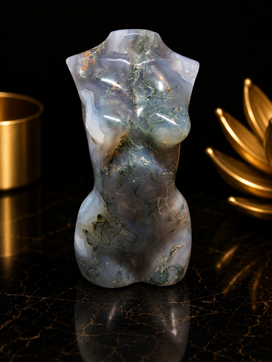 Natural Agate - Handharved Torso - 8 cm high - Grey moss agate lady torso