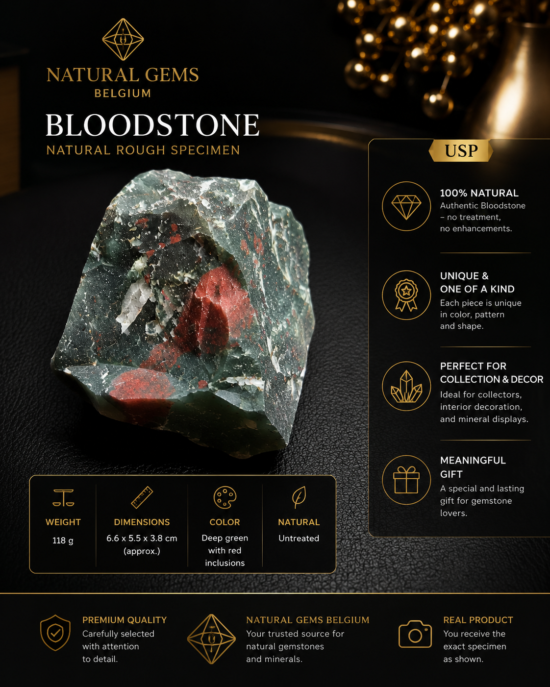 Bloodstone natural rough specimen with product details on a dark background