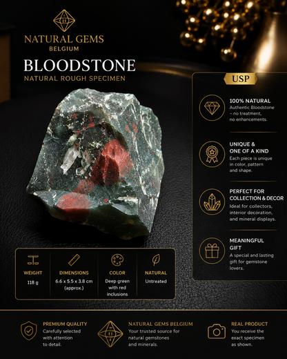 Bloodstone natural rough specimen with product details on a dark background