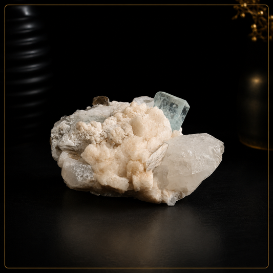 Amas d'aigue-marine naturelle sur matrice de quartz – Spécimen minéral de collection