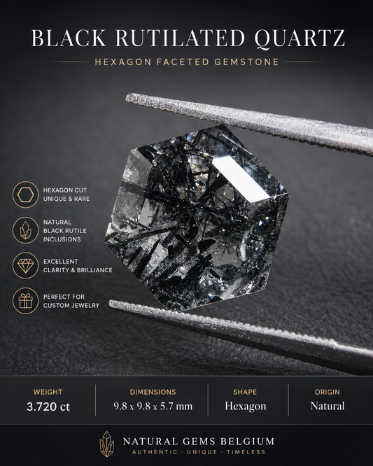 Quartz rutile noir naturel taille hexagonale – 3.720 ct | Pierre précieuse de quartz unique à inclusions