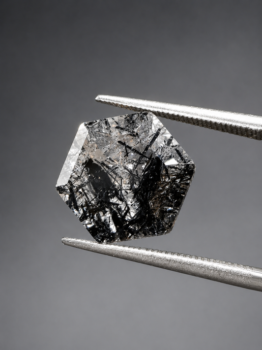 Quartz rutile noir naturel, taille hexagonale à facettes – 3,655 ct – 9,8 mm