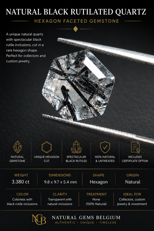 Quartz Rutile Noir Naturel, Facetté Hexagonal – 3.380 ct – 9.8 mm