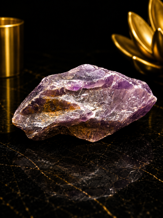 A raw purple amethyst crystal cluster with natural brown and white inclusions, displayed on a polished black marble surface with gold-toned decorative props in the background.