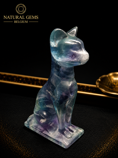 Hand Carved Fluorite Cat – 6.88 cm – Natural Fluorite Crystal Cat Sculpture – Collector's Decor