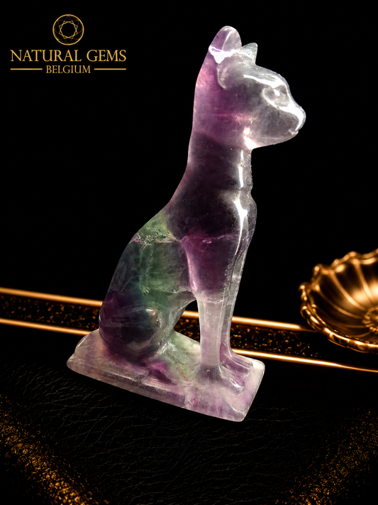 Hand Carved Rainbow Fluorite Cat – 6.9 cm | Natural Fluorite Crystal Carving | One of a Kind