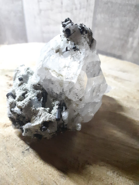 High Quality Specimen of clear crystal quartz cluster with tourmaline and feldspar - Natural Gems Belgium