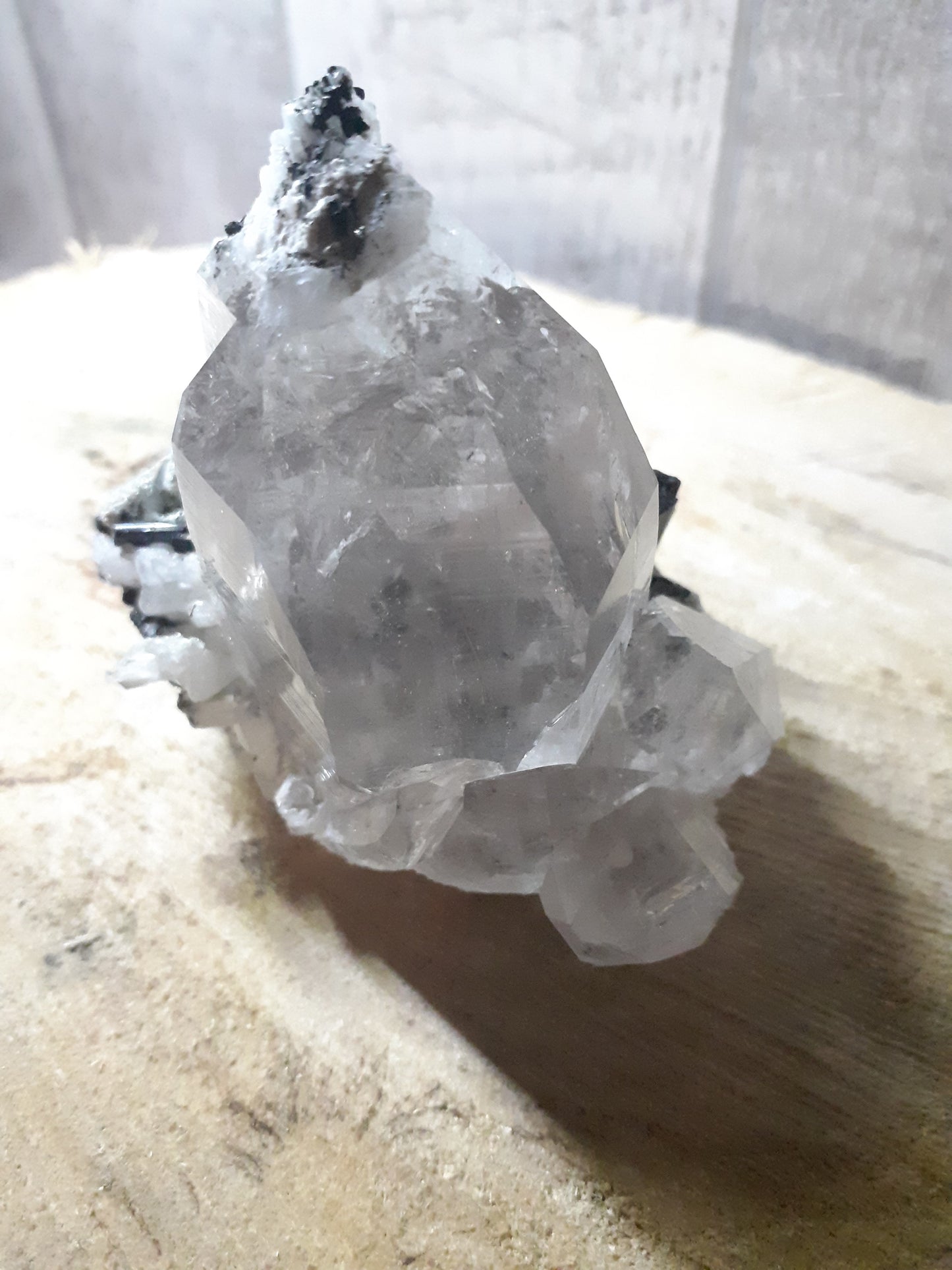 High Quality Specimen of clear crystal quartz cluster with tourmaline and feldspar - Natural Gems Belgium