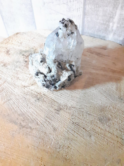 High Quality Specimen of clear crystal quartz cluster with tourmaline and feldspar - Natural Gems Belgium