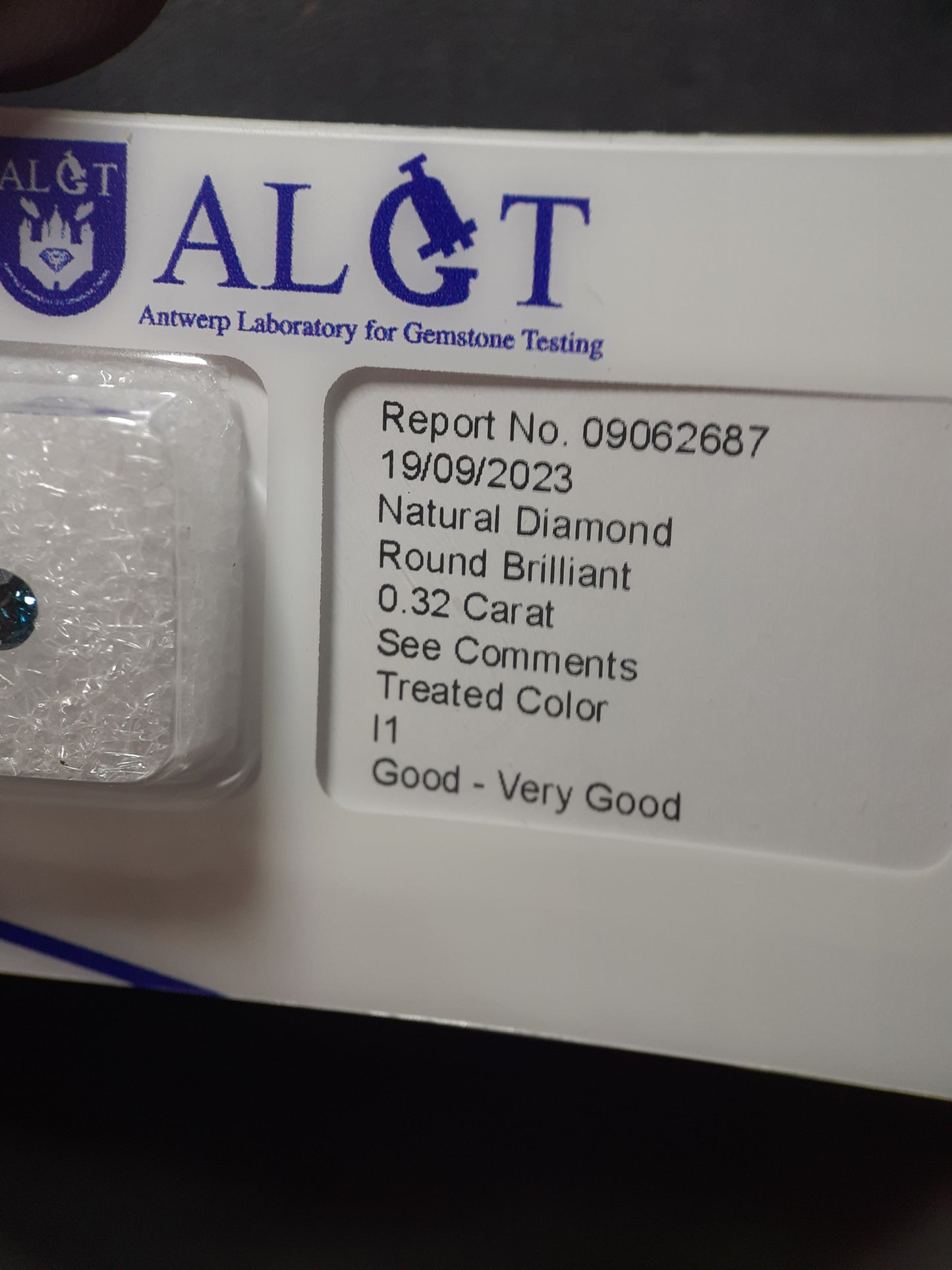 Pair of greenish grayish blue Diamonds - Round , 0.32 tcw, ALGT certified