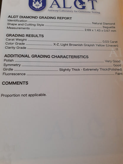 Natural Yellow Diamond (x-z color) - Baguette - 0.03 ct - Sealed - Brownish Greyish Yellow, very good polish