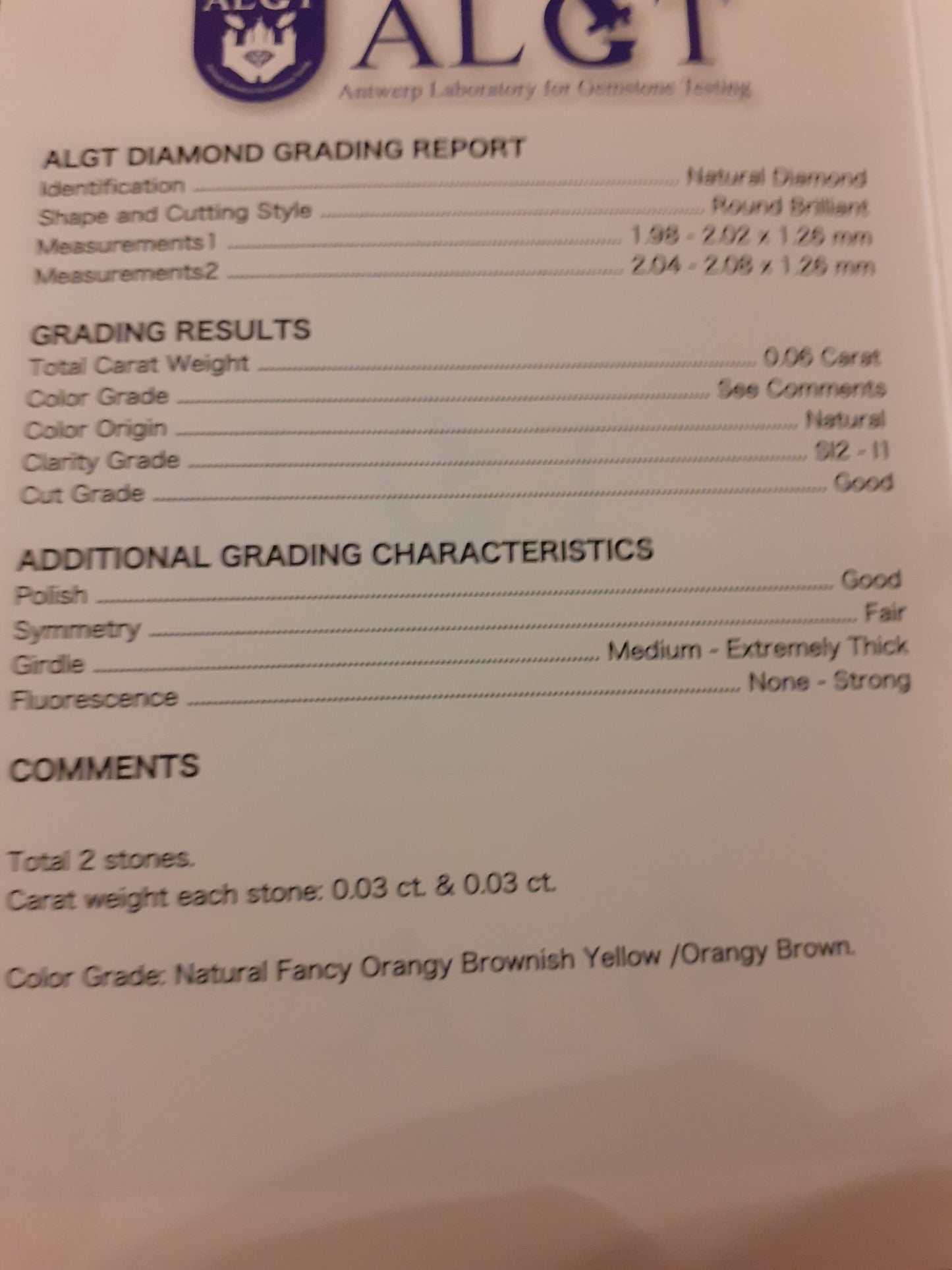 Pair of natural Diamonds - Round 0.06 tcw ALGT certified and sealed