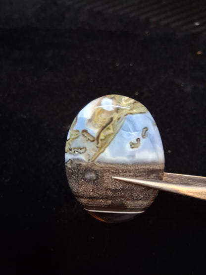 Natural Owyhee Blue Opal Cabochon - 50.141 ct - moss included - oval - scenic pattern