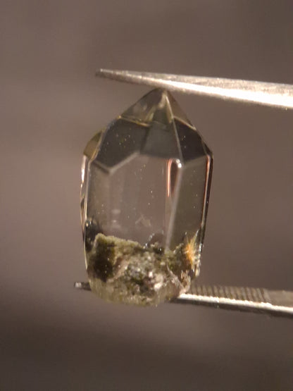 Crystal point of Phantom Quartz - gardenscape yellow flower in desert - collectors item