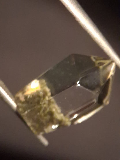 Crystal point of Phantom Quartz - gardenscape yellow flower in desert - collectors item