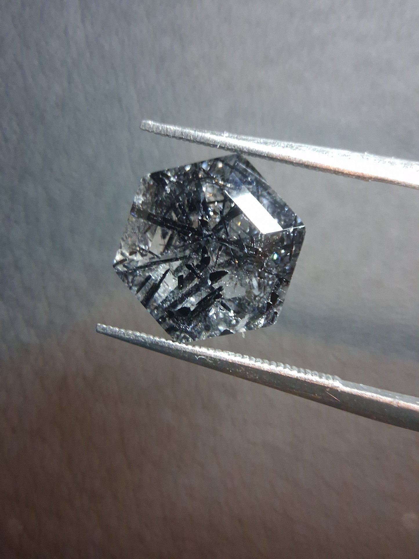 Natural Black Rutilated Quartz Hexagon Cut – 3.720 ct | Unique Included Quartz Gemstone