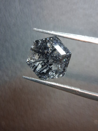 Natural Black Rutilated Quartz Hexagon Cut – 3.720 ct | Unique Included Quartz Gemstone