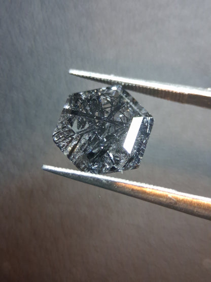 Natural Black Rutilated Quartz Hexagon Cut – 3.720 ct | Unique Included Quartz Gemstone