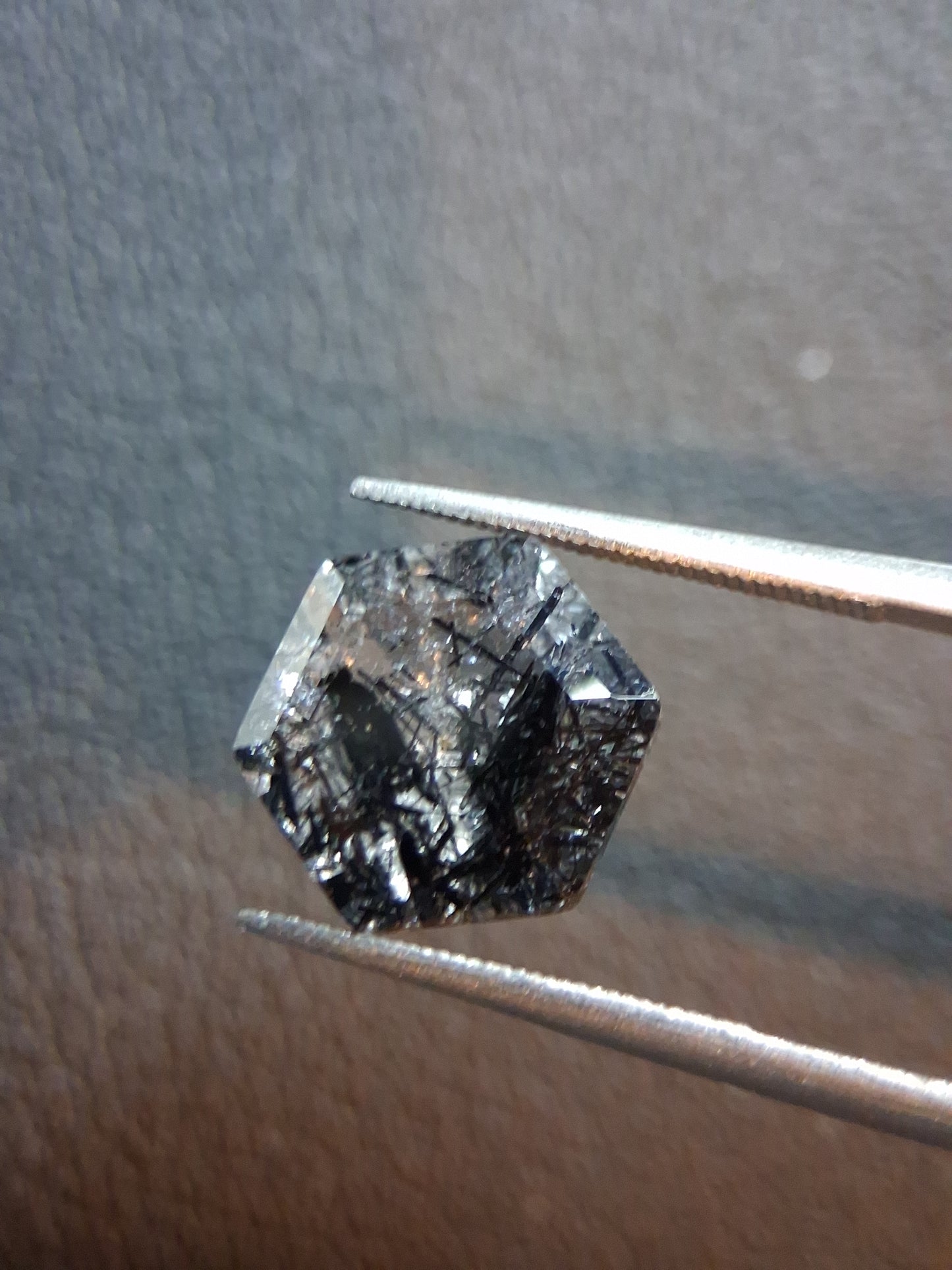 Natural Black Rutilated Quartz Hexagon Faceted Gemstone – 3.655 ct – 9.8 mm