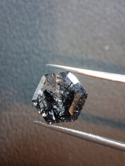 Natural Black Rutilated Quartz Hexagon Faceted Gemstone – 3.655 ct – 9.8 mm