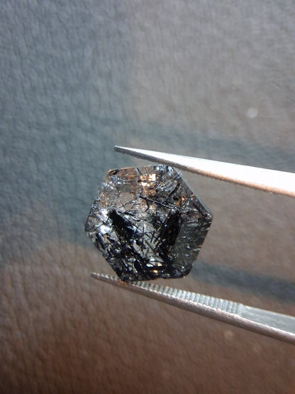 Natural Black Rutilated Quartz Hexagon Faceted Gemstone – 3.655 ct – 9.8 mm