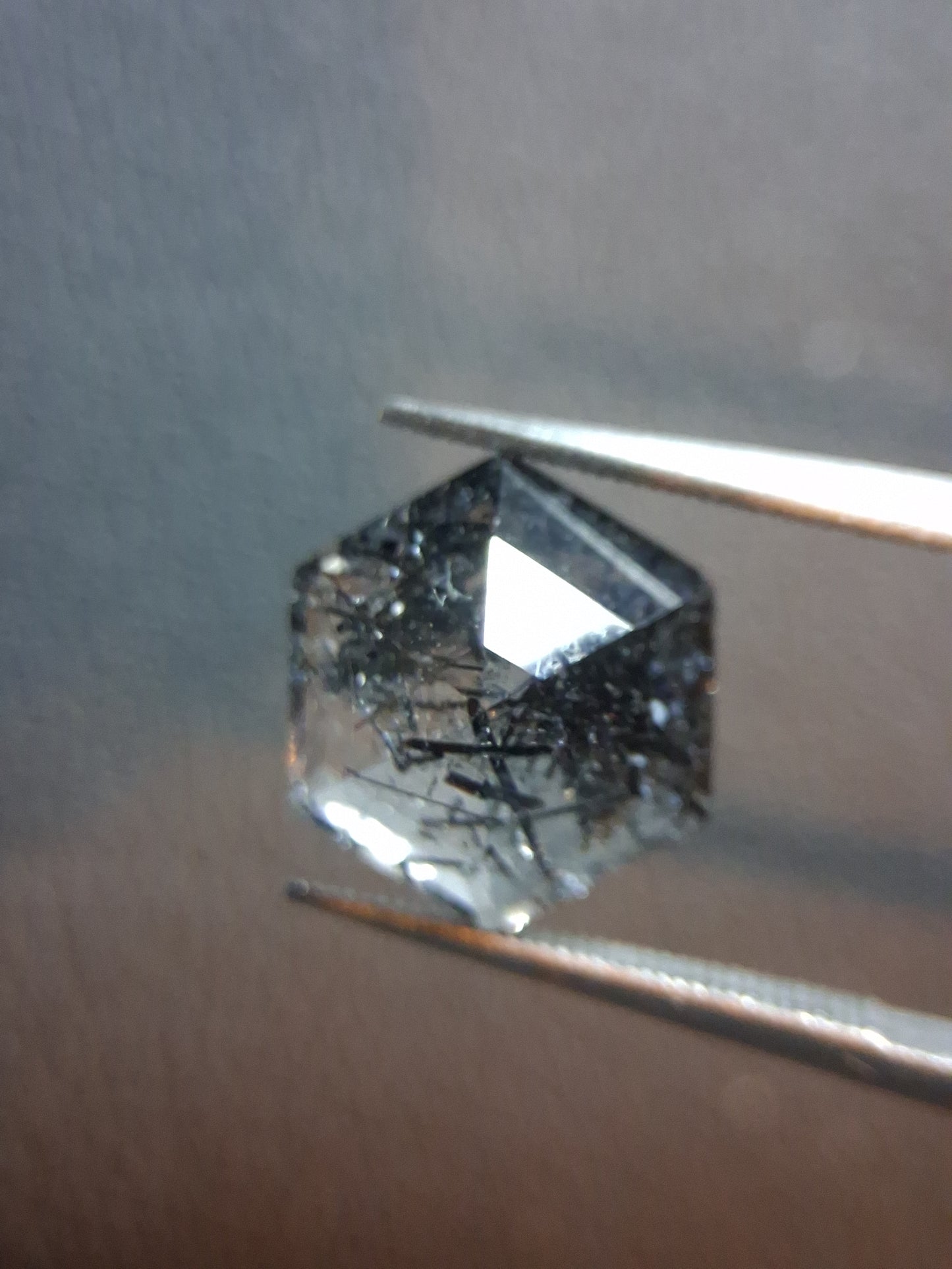 Natural Black Rutilated Quartz Hexagon Faceted Gemstone – 3.655 ct – 9.8 mm