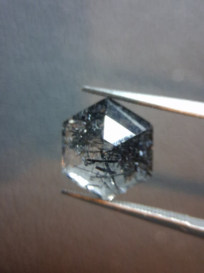 Natural Black Rutilated Quartz Hexagon Faceted Gemstone – 3.655 ct – 9.8 mm