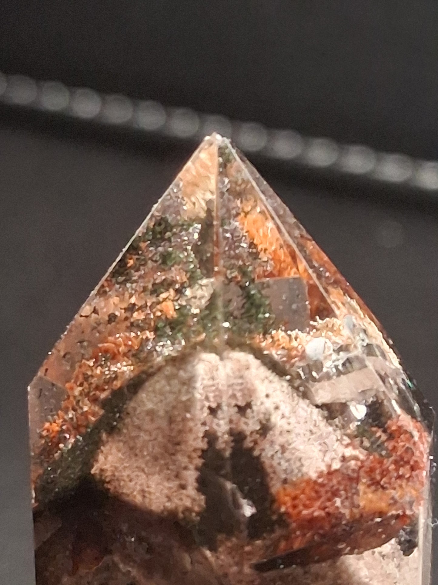 Crystal point of Phantom Quartz - multicolored scenic - hexagon - 6.7 cm