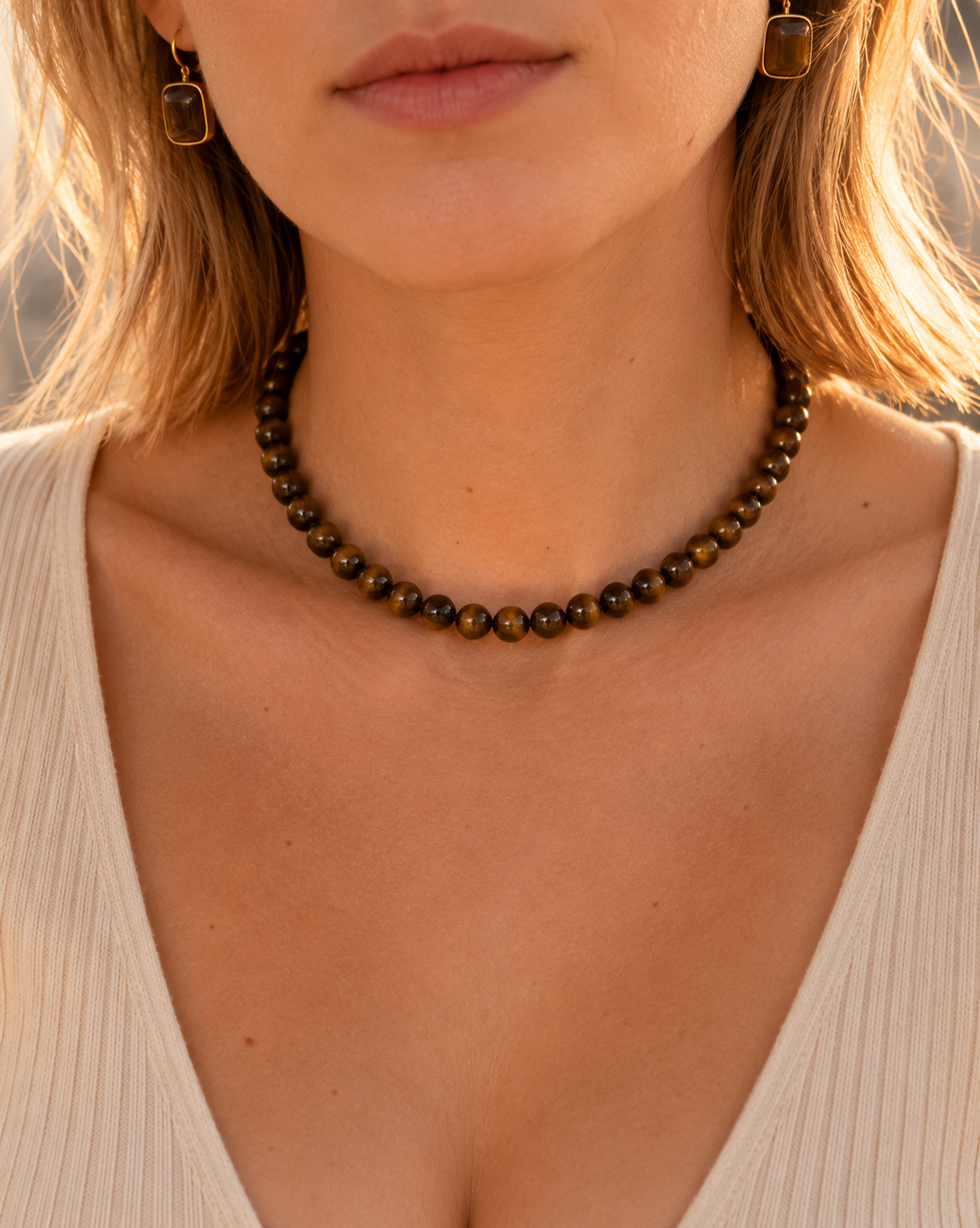 Natural Gold Tiger Eye Beaded Necklace – 8 mm Beads – Magnetic Clasp – 45 cm - Natural Gems Belgium