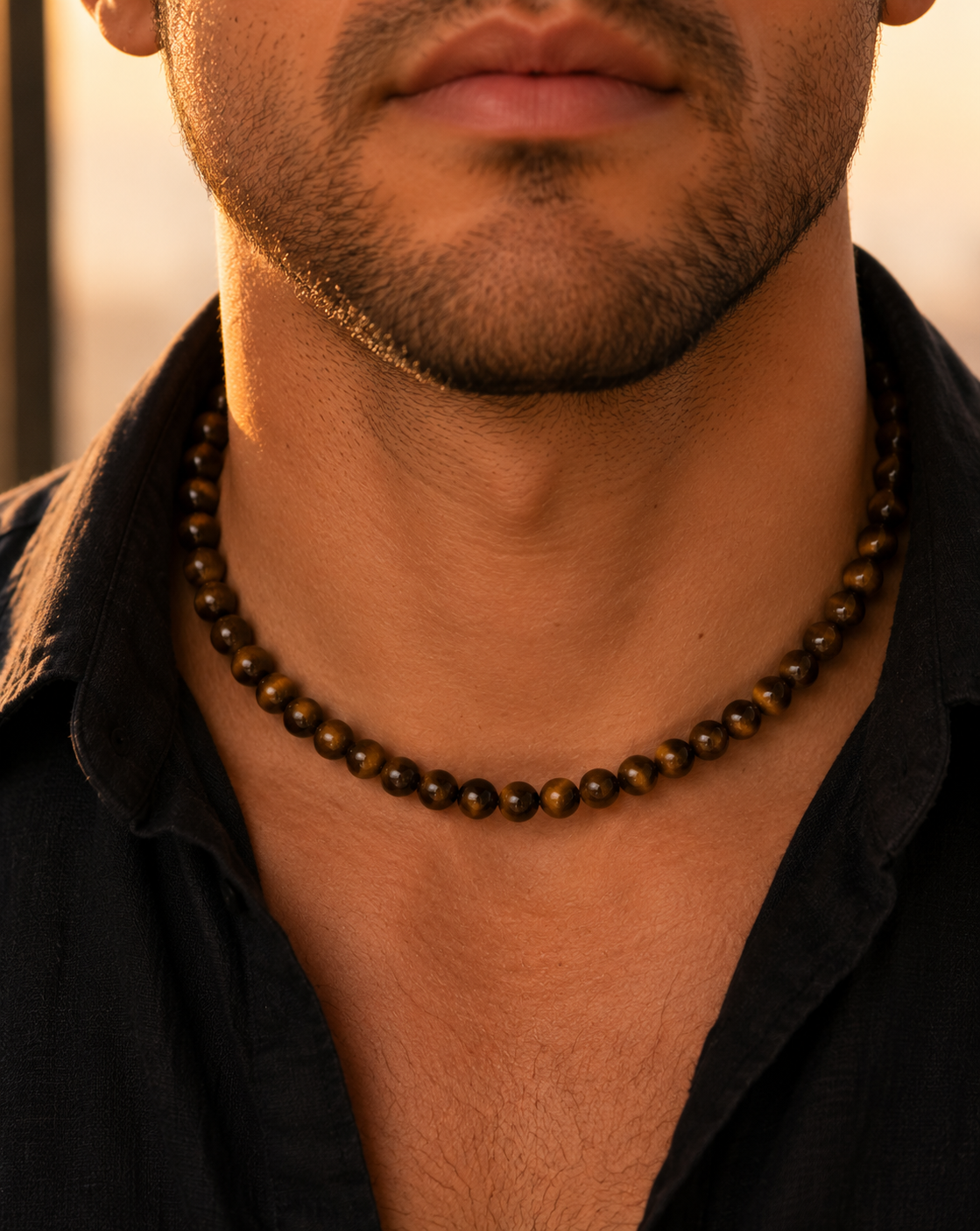 Natural Gold Tiger Eye Beaded Necklace – 8 mm Beads – Magnetic Clasp – 45 cm - Natural Gems Belgium