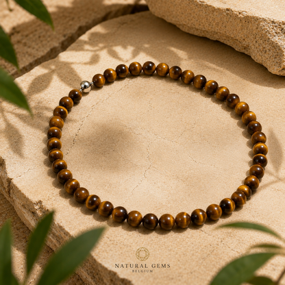 Natural Gold Tiger Eye Beaded Necklace – 8 mm Beads – Magnetic Clasp – 45 cm - Natural Gems Belgium