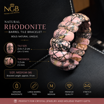Natural Rhodonite Statement Bracelet – Large Rhodonite Barrel Tiles (Medium Size)