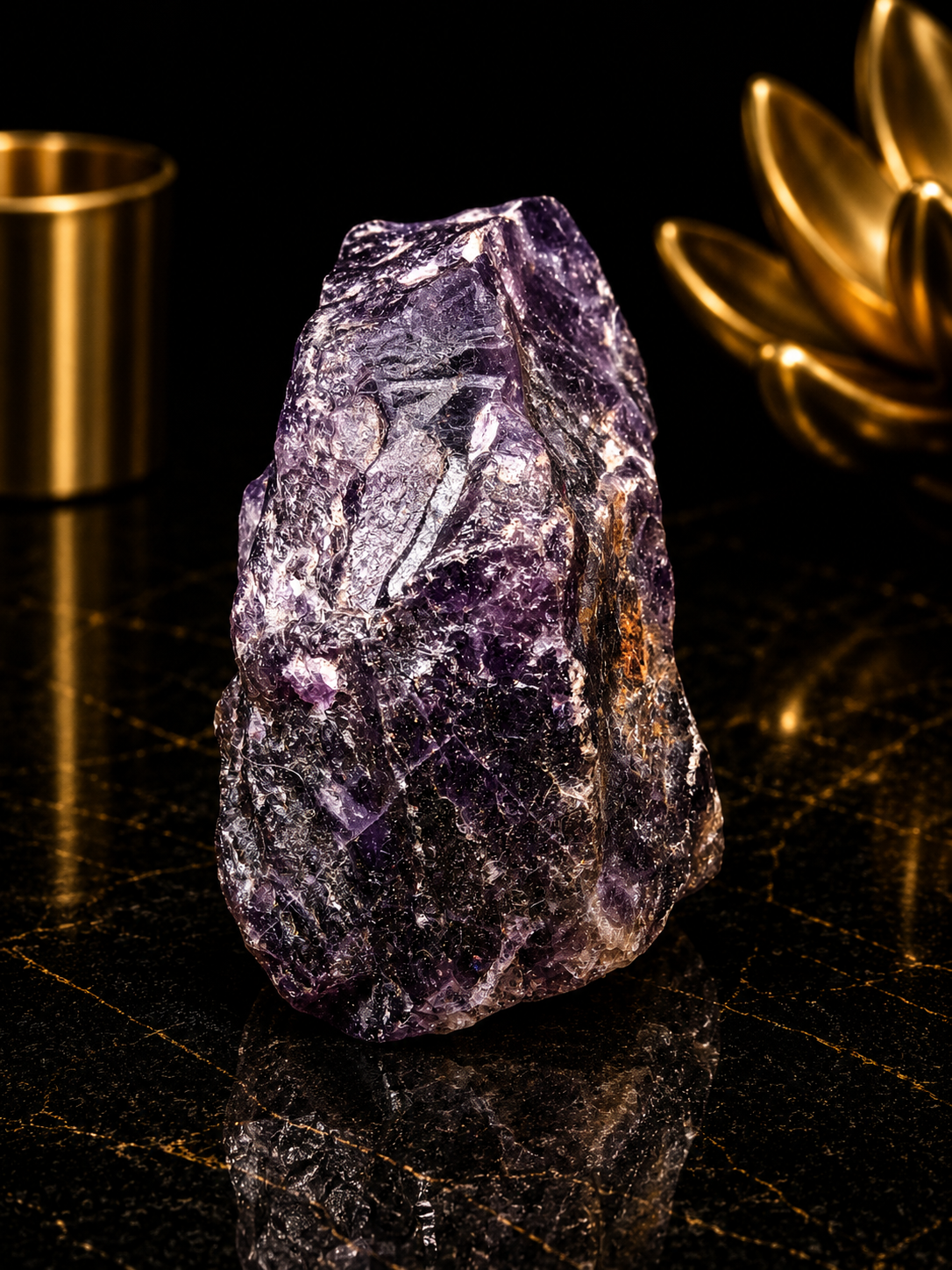 A raw purple amethyst crystal cluster with natural rough edges, displayed on a reflective black marble surface with gold decorative accents in the background.