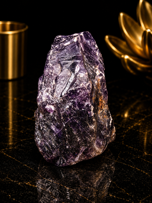 A raw purple amethyst crystal cluster with natural rough edges, displayed on a reflective black marble surface with gold decorative accents in the background.