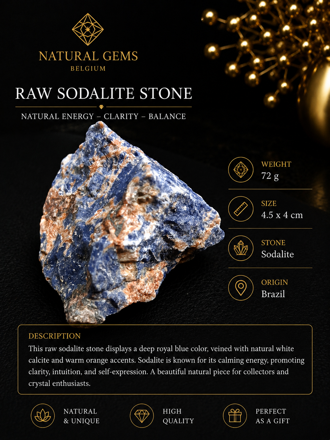 Natural Raw Sodalite Stone – Deep Blue Rough Sodalite Crystal – 72 g – 4.5 x 4 cm - Natural Gems Belgium