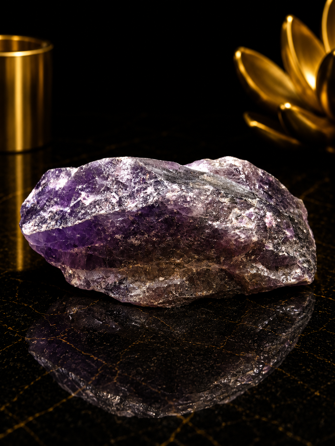 A raw purple amethyst crystal cluster with visible natural fractures and a polished metallic gold lotus-shaped candle holder in the background, set on a glossy black reflective surface.