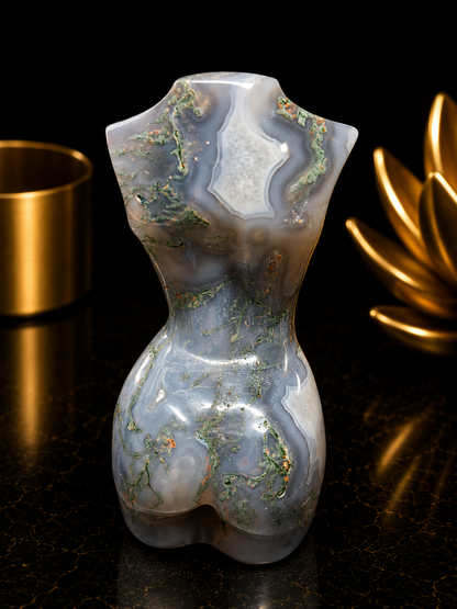 Natural Agate - Handharved Torso - 8 cm high - Grey moss agate lady torso