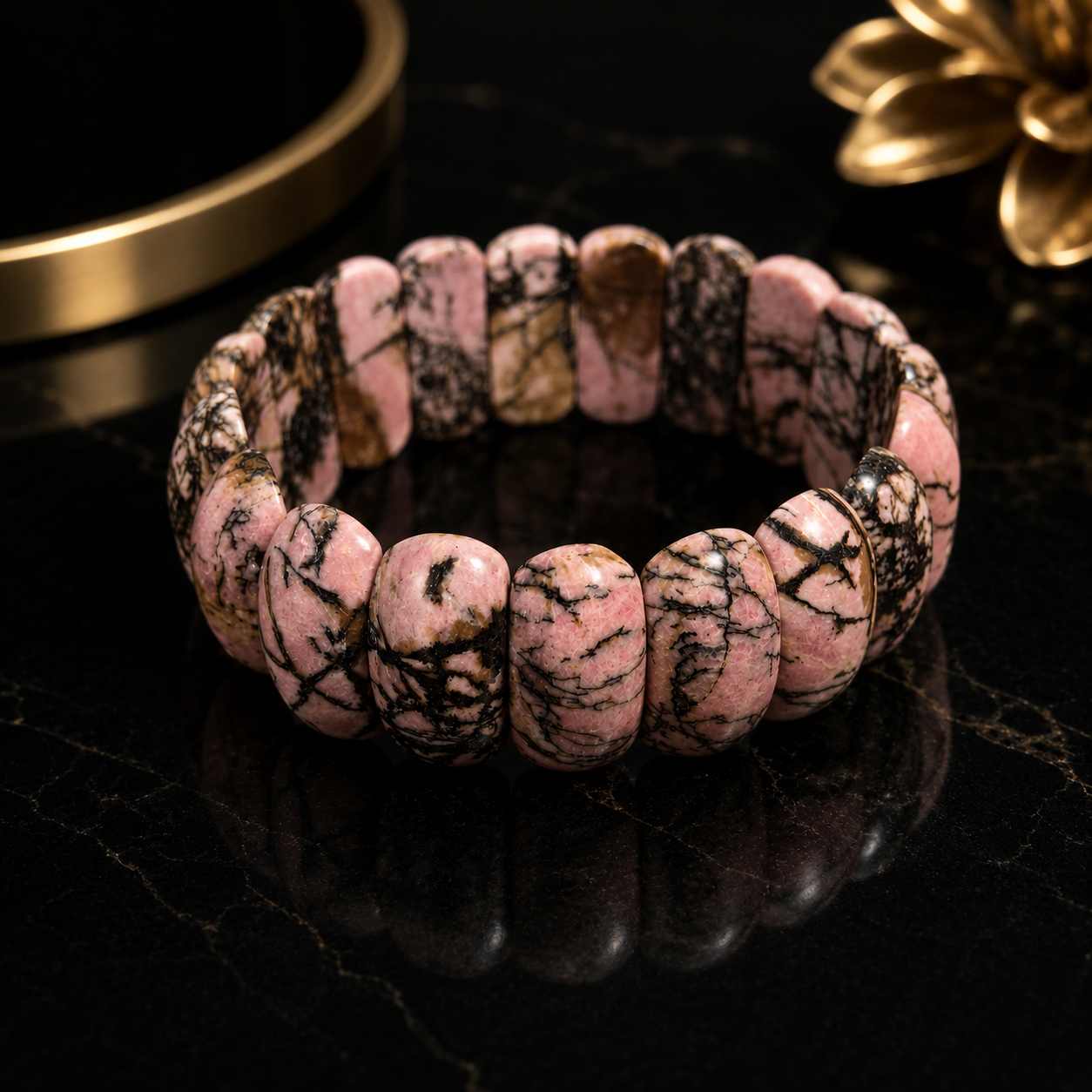 Natural Rhodonite Statement Bracelet – Large Rhodonite Barrel Tiles (Medium Size)