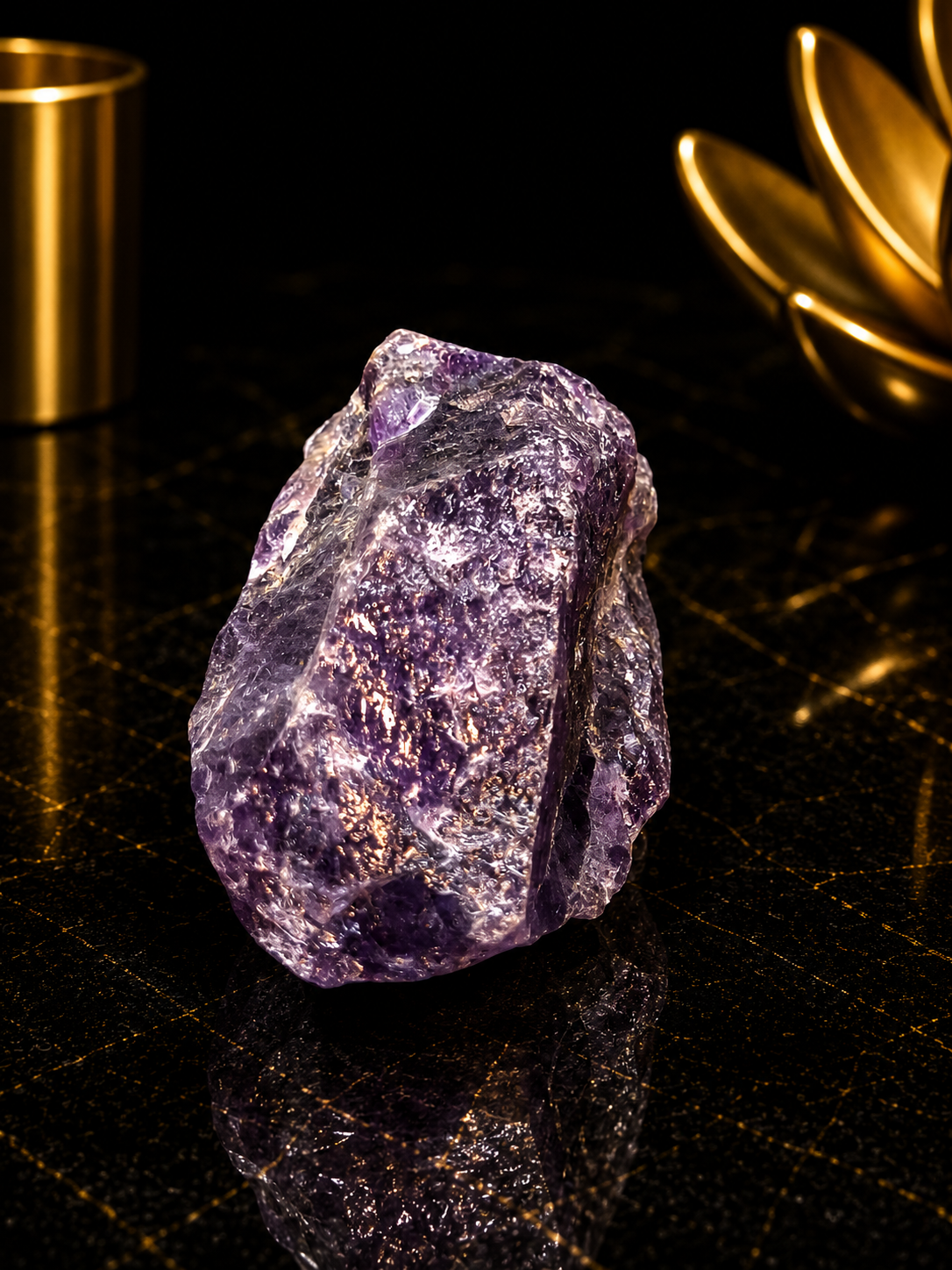 A rough purple crystal stone with natural faceted edges, displayed on a reflective black surface with gold-toned decorative props in the background.
