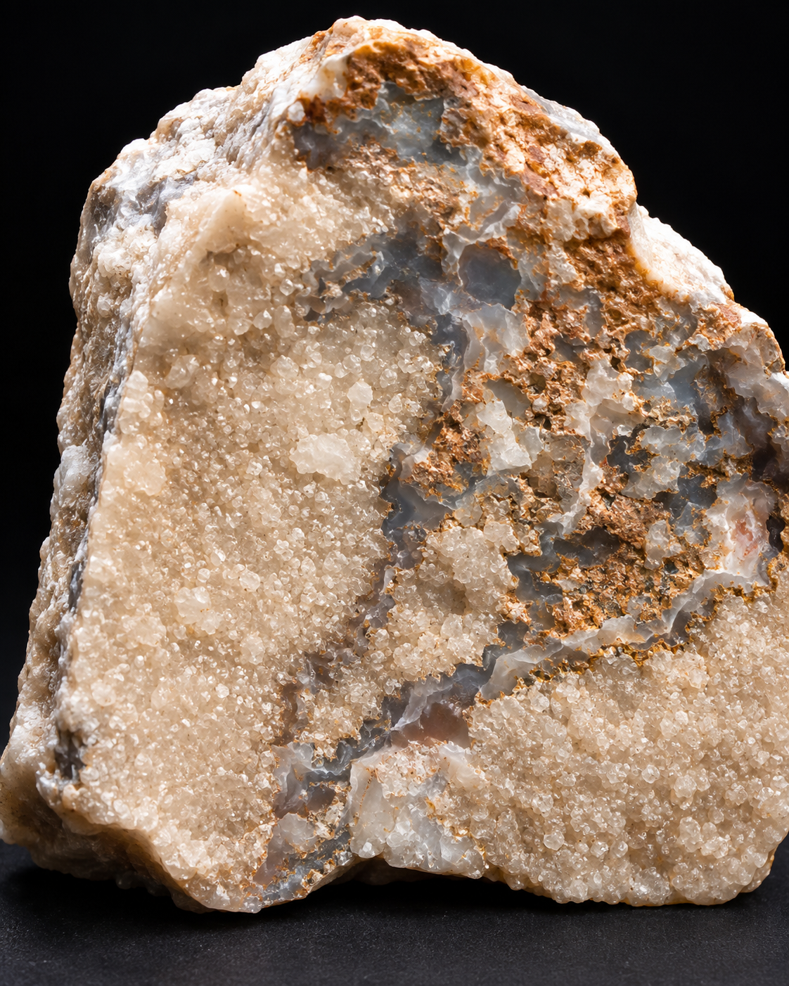 A rough natural mineral specimen with a beige and cream crystalline structure, brown oxidized areas, and gray translucent inclusions, photographed against a solid black background.