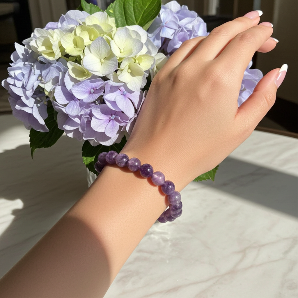 Lepidolite Bead Bracelet 8 mm – Natural Purple Lepidolite Gemstone Bracelet - Natural Gems Belgium