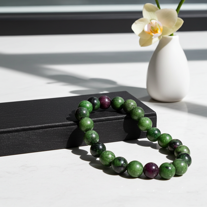 Ruby Zoisite Bead Bracelet 10 mm – Natural Ruby in Zoisite Gemstone Bracelet