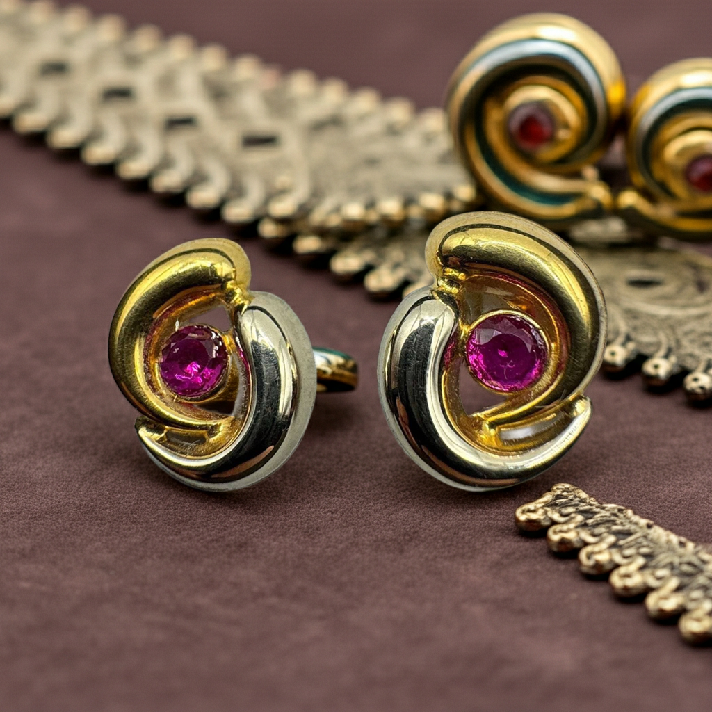 Earrings 18 kt. White gold, Yellow gold - with natural Rubies - Natural Gems Belgium