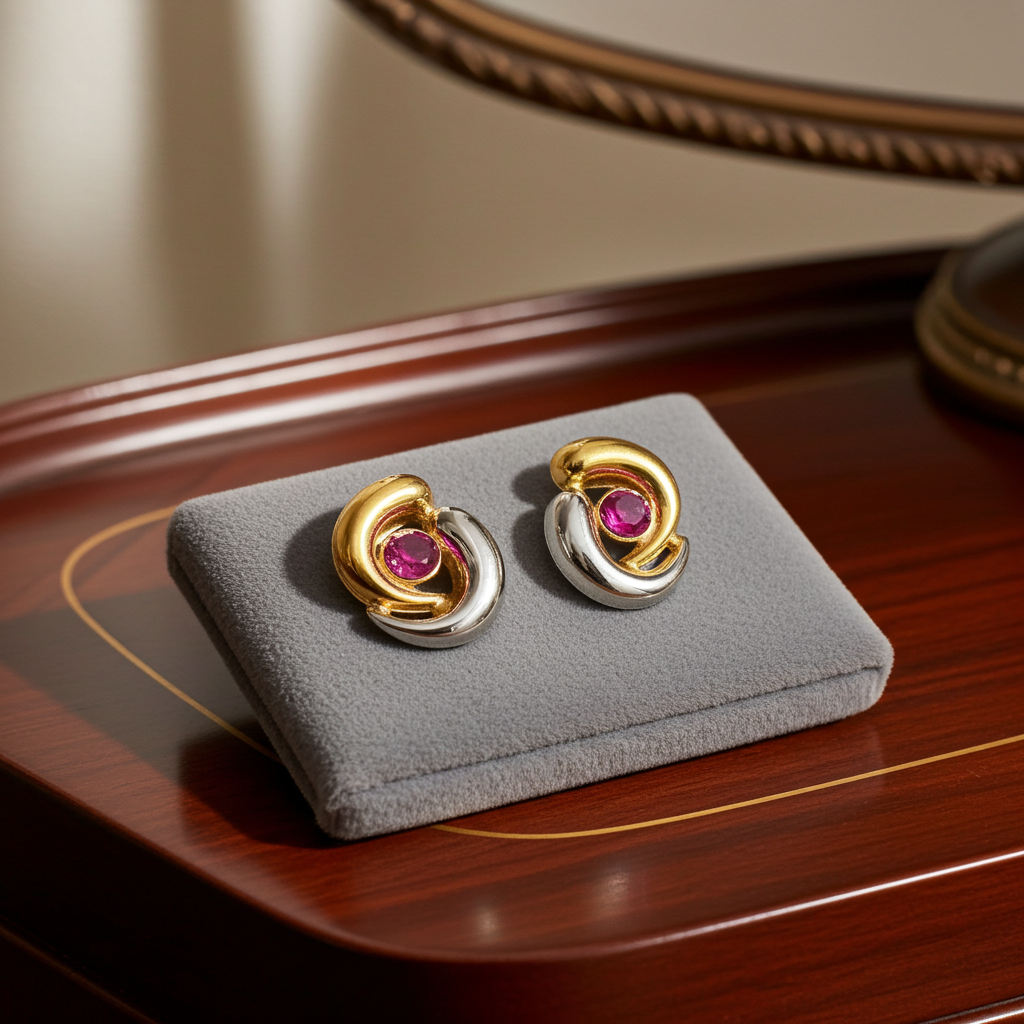 Earrings 18 kt. White gold, Yellow gold - with natural Rubies - Natural Gems Belgium